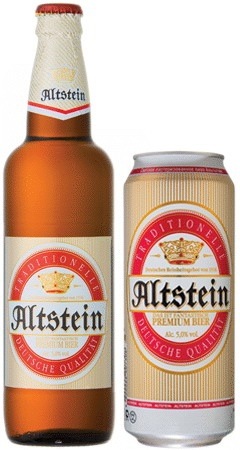 Фирменная бутылка и банка пива Altstein Premium